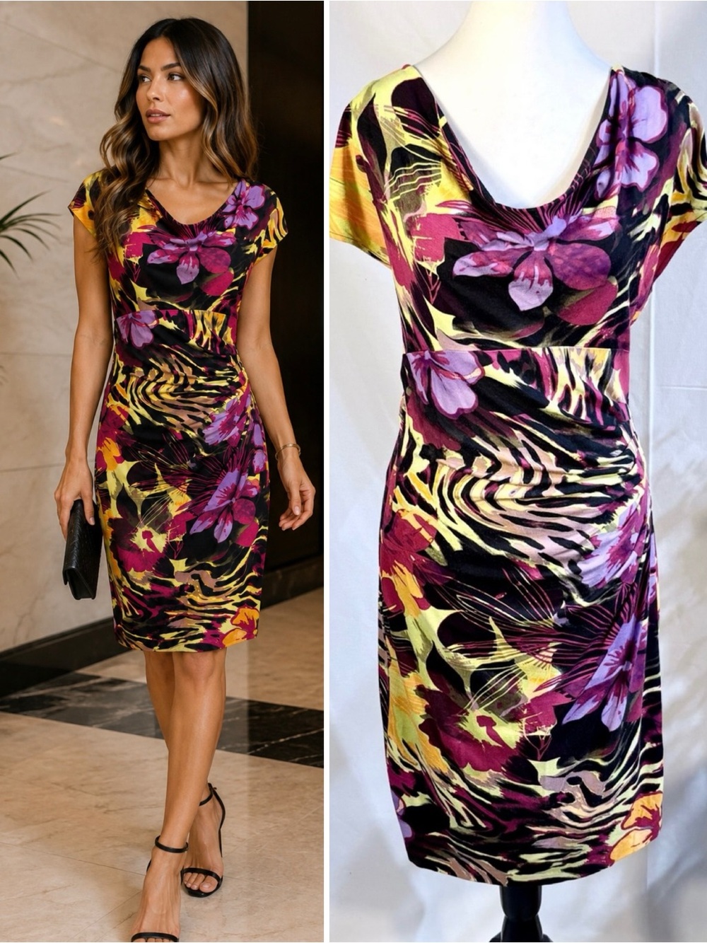 Vintage Y2K Cache Tropical Floral Ruched Bodycon Cowl Neck Dress Sz L👽🧡